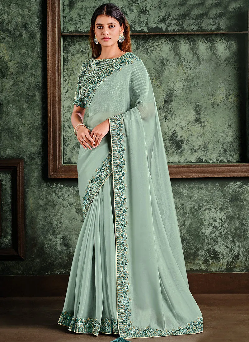 Teal Blue Multi Embroidered Designer Saree