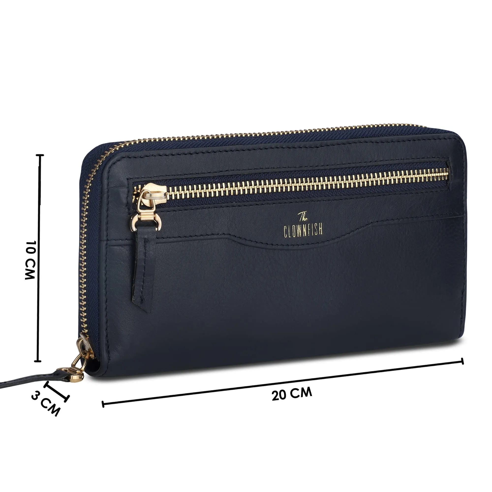 The Clownfish Eliana Collection Genuine Leather Zip Around Style Womens Wallet Clutch Ladies Purse with Card Holders (Navy Blue)