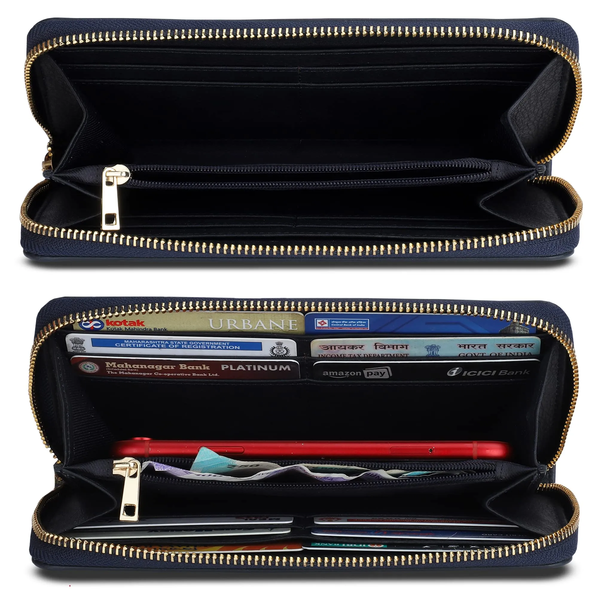 The Clownfish Eliana Collection Genuine Leather Zip Around Style Womens Wallet Clutch Ladies Purse with Card Holders (Navy Blue)