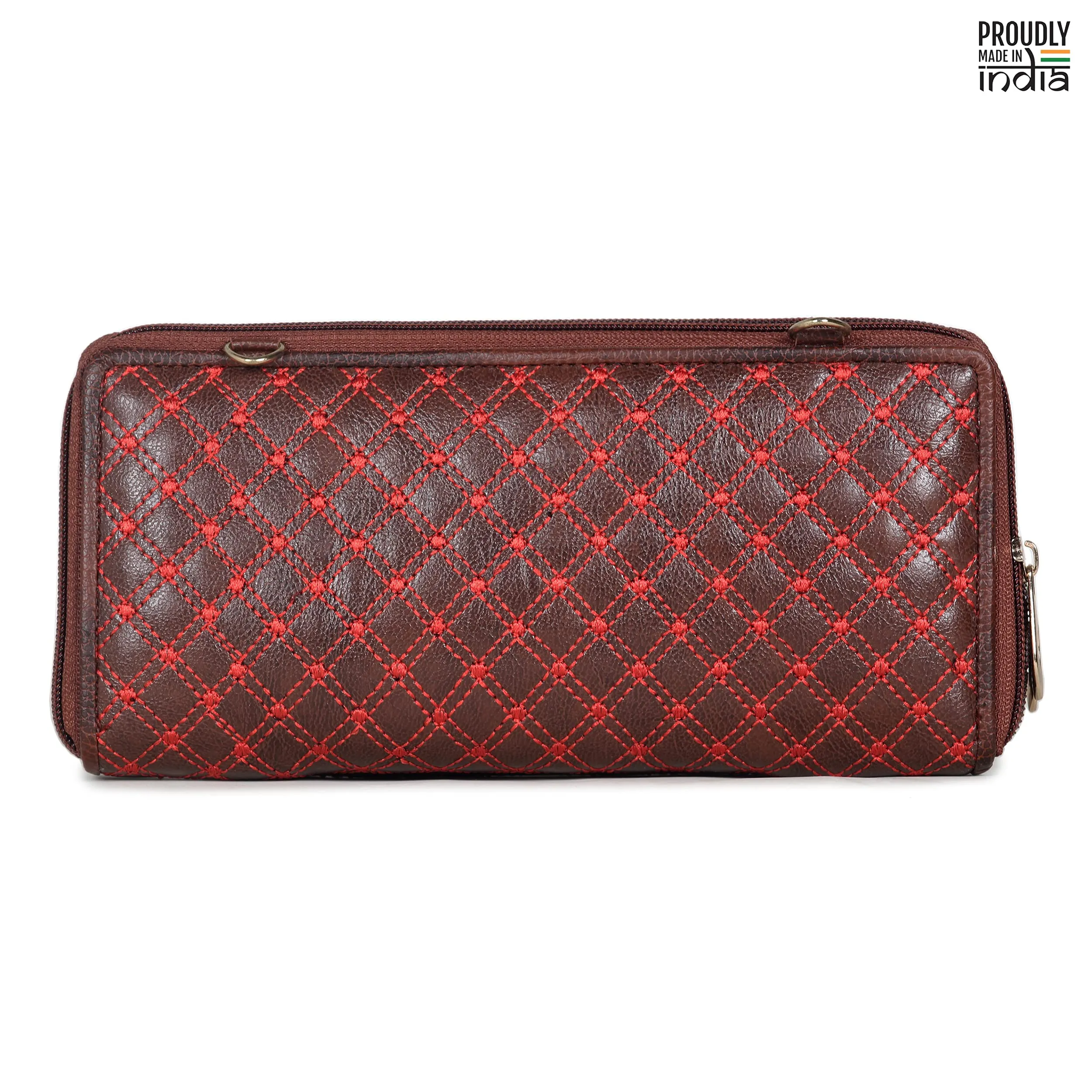 THE CLOWNFISH Emerald Series Womens Wallet with Front Mobile Pocket and Red Checkered Embroidery (Red)