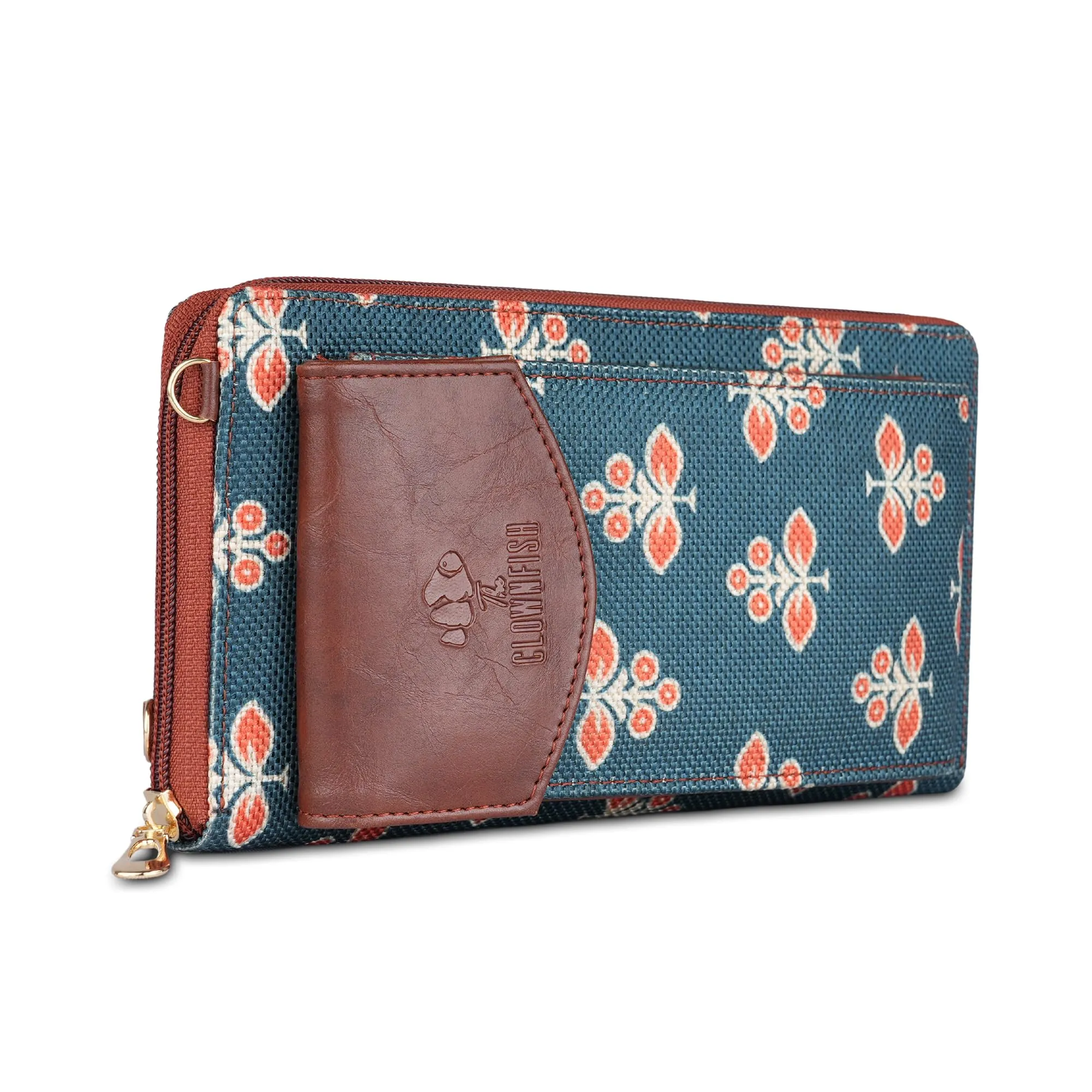 THE CLOWNFISH Fashionista Printed Handicraft Fabric & Vegan Leather Ladies Wallet Sling Bag with Front Mobile Pocket (Persian Green)