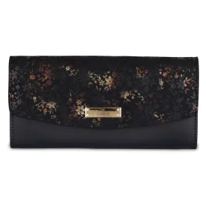 THE CLOWNFISH Jacinta Collection Womens Wallet Clutch Ladies Purse with Floral Design On Flap & Multiple Card Slots (Black)