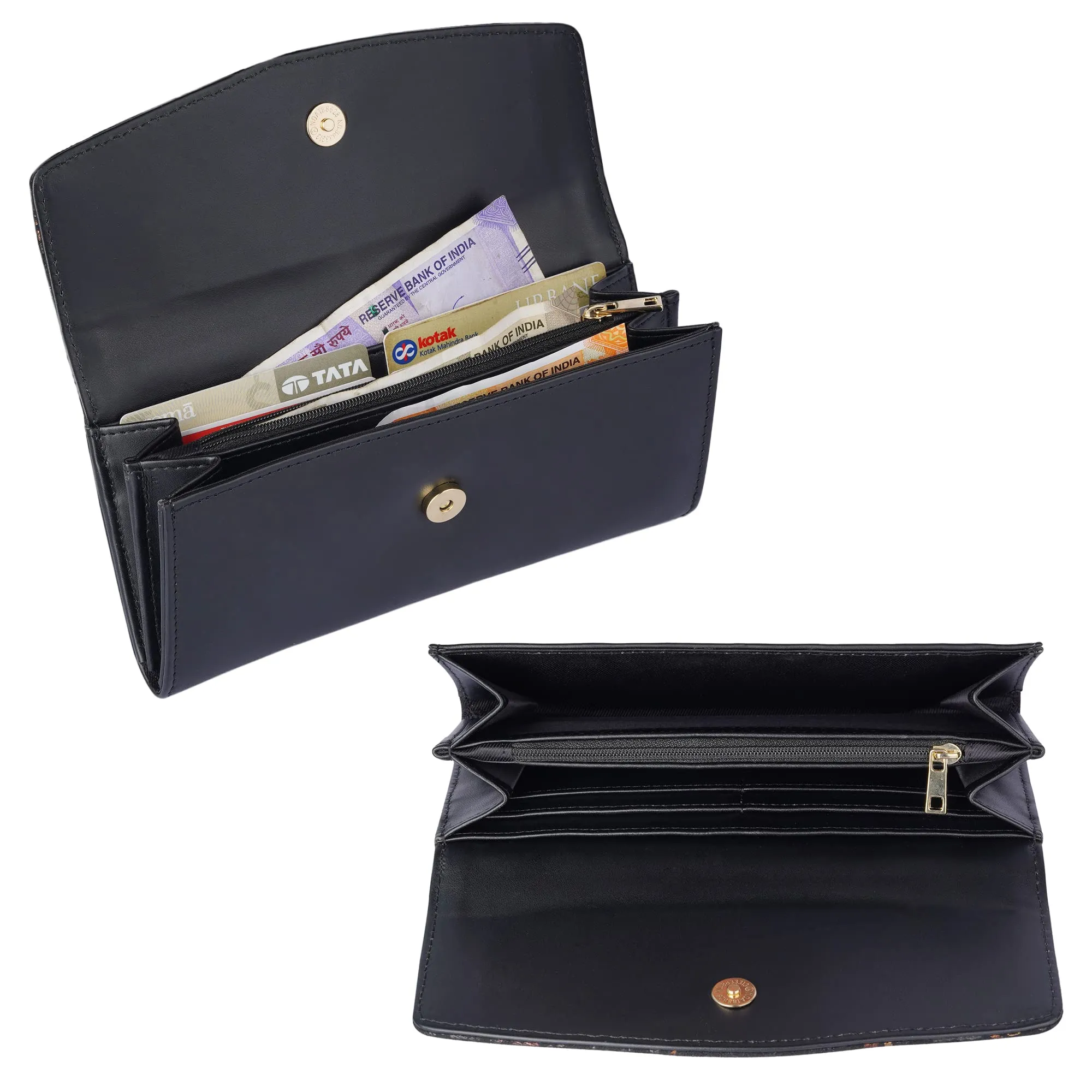 THE CLOWNFISH Jacinta Collection Womens Wallet Clutch Ladies Purse with Floral Design On Flap & Multiple Card Slots (Black)