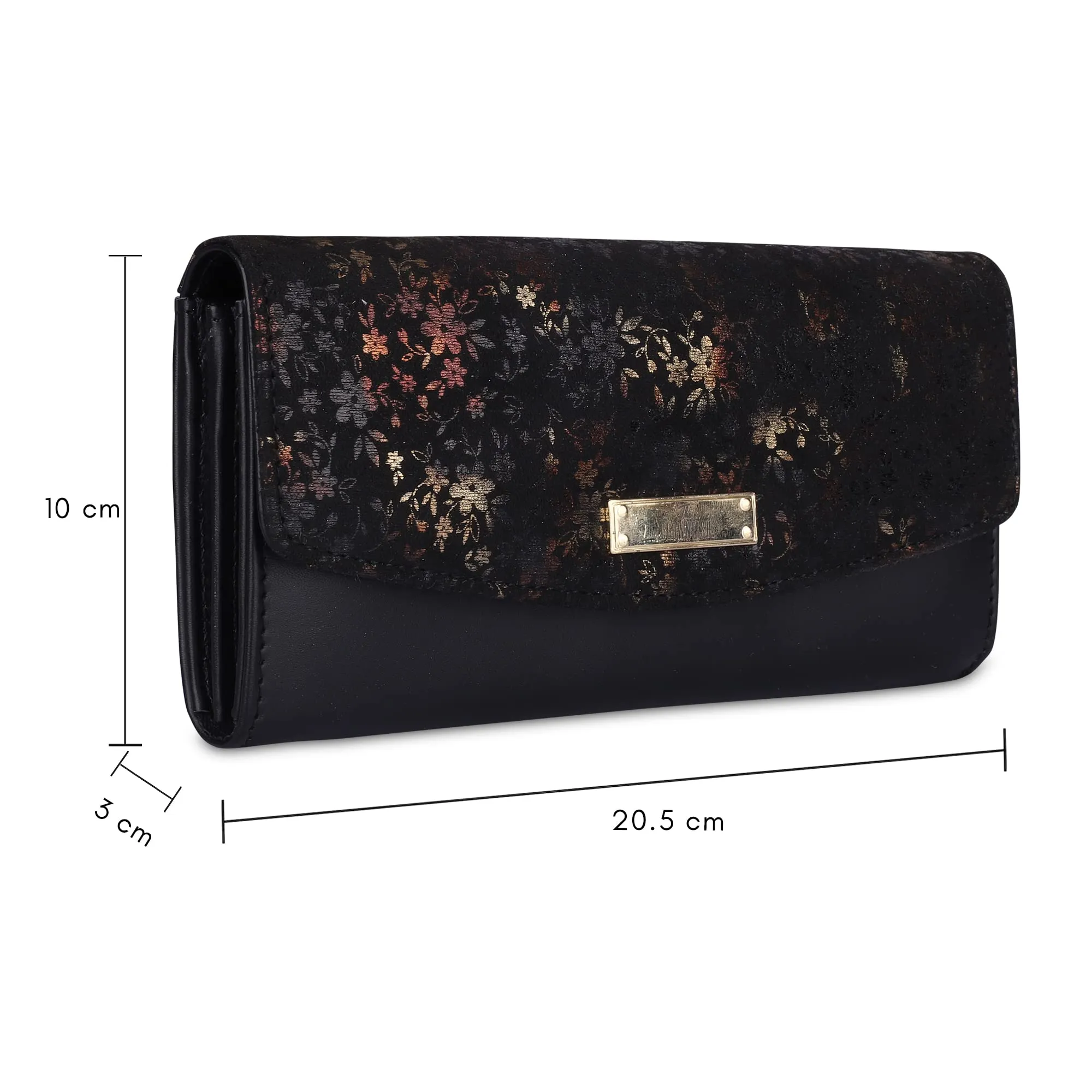 THE CLOWNFISH Jacinta Collection Womens Wallet Clutch Ladies Purse with Floral Design On Flap & Multiple Card Slots (Black)