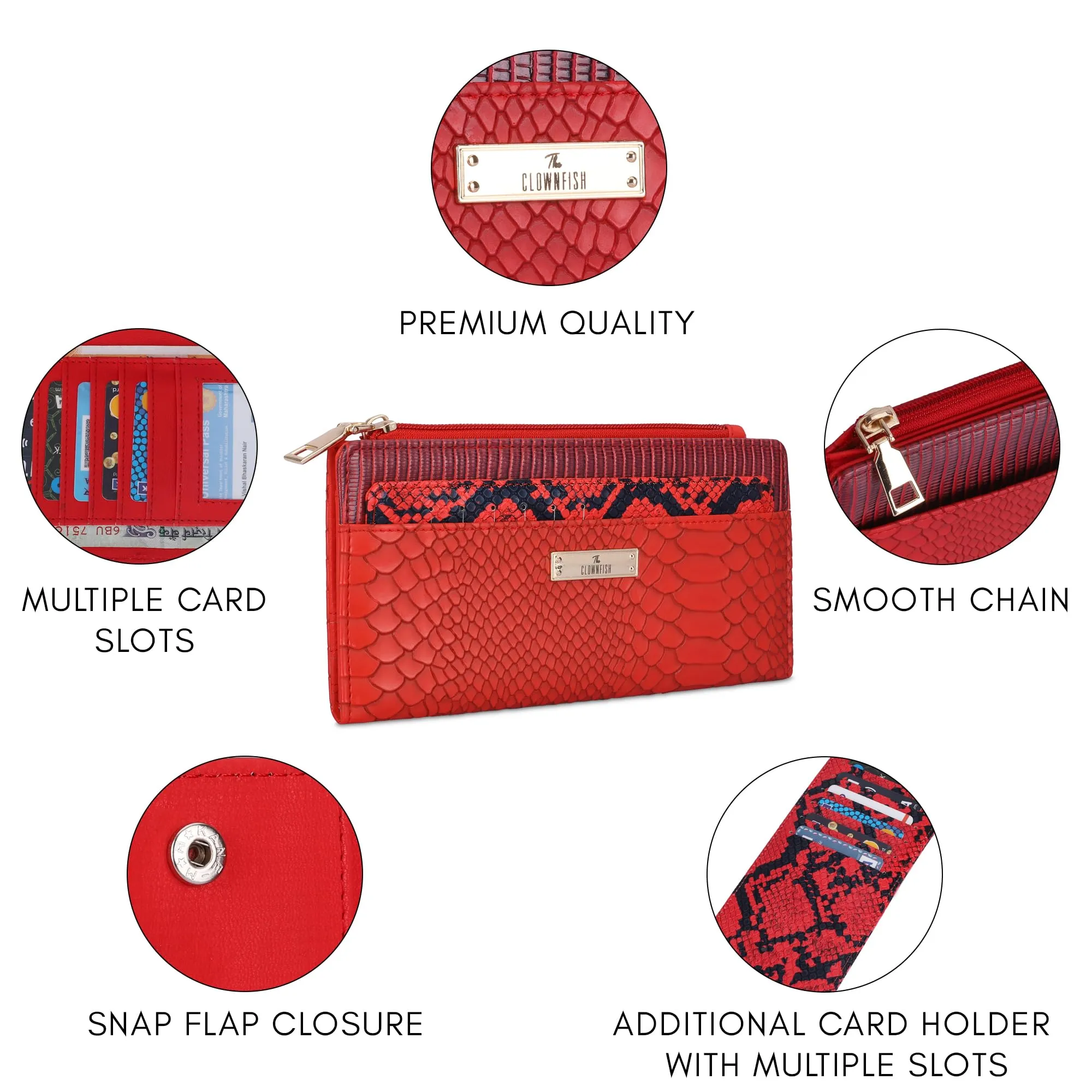 THE CLOWNFISH Prospera Collection Crocodile Finish Faux Leather Bi-Fold Womens Wallet Clutch Ladies Purse with Separate Multiple Cards Holder (Crimson Red)