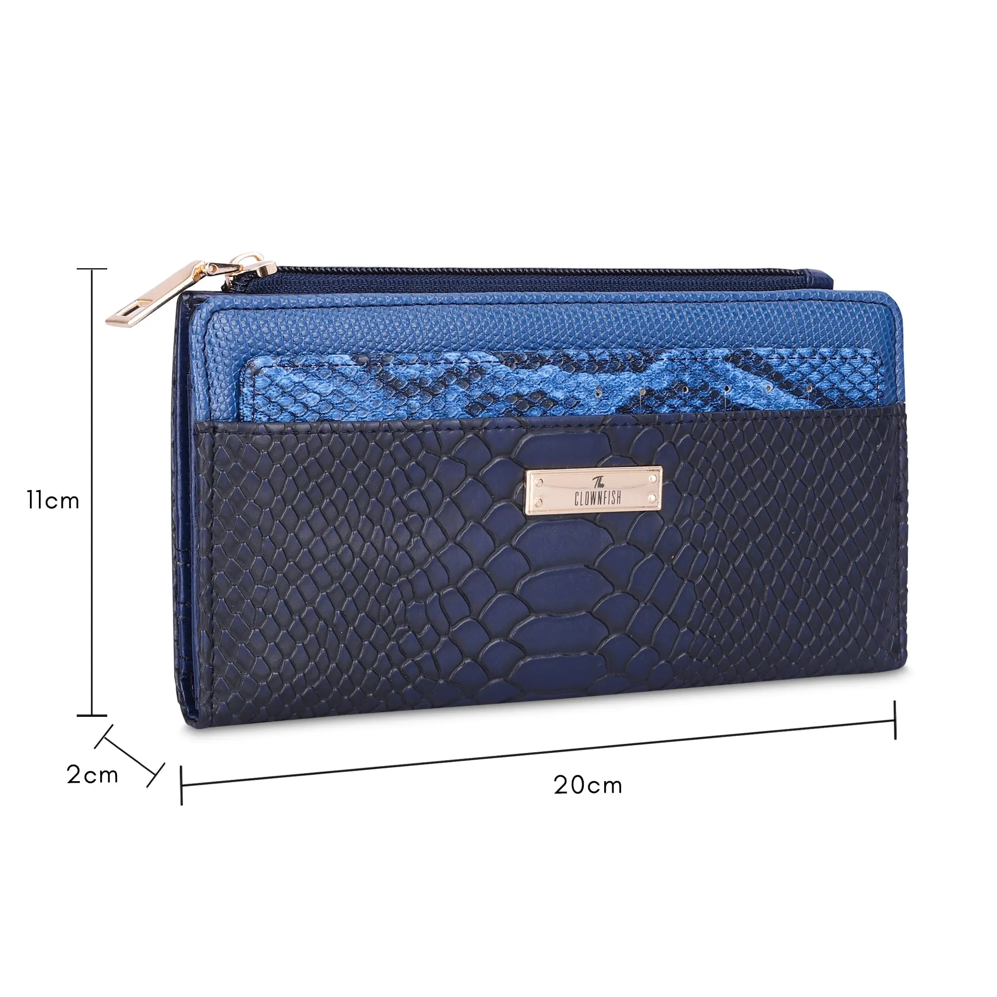 THE CLOWNFISH Prospera Collection Crocodile Finish Faux Leather Bi-Fold Womens Wallet Clutch Ladies Purse with Separate Multiple Cards Holder (Midnight Blue)