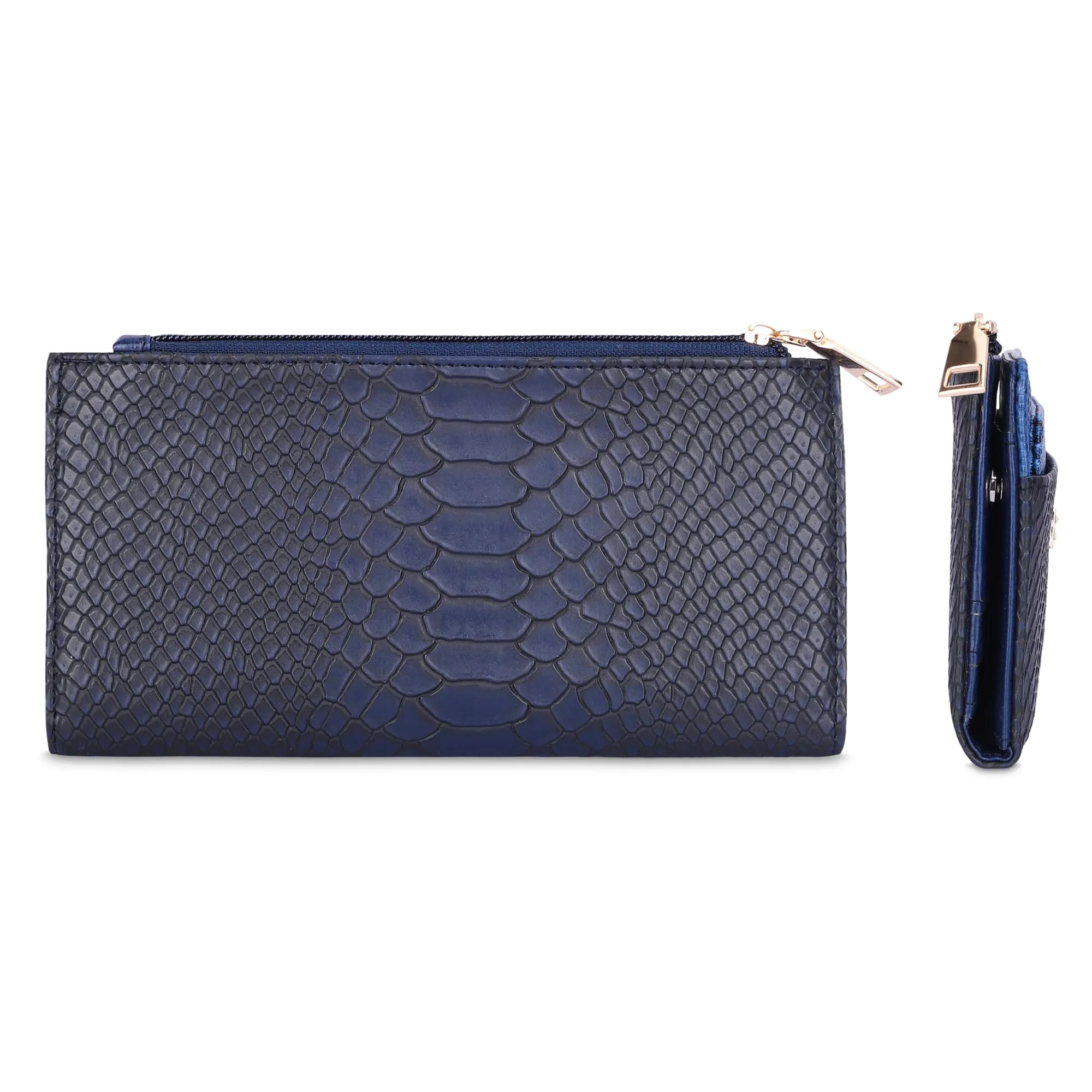 THE CLOWNFISH Prospera Collection Crocodile Finish Faux Leather Bi-Fold Womens Wallet Clutch Ladies Purse with Separate Multiple Cards Holder (Midnight Blue)