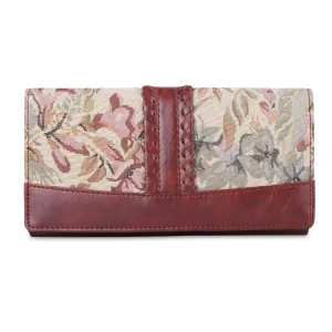 THE CLOWNFISH Serina Collection Tapestry Fabric & Faux Leather Snap Flap Style Womens Wallet Clutch Ladies Purse with Card Holders (Beige)