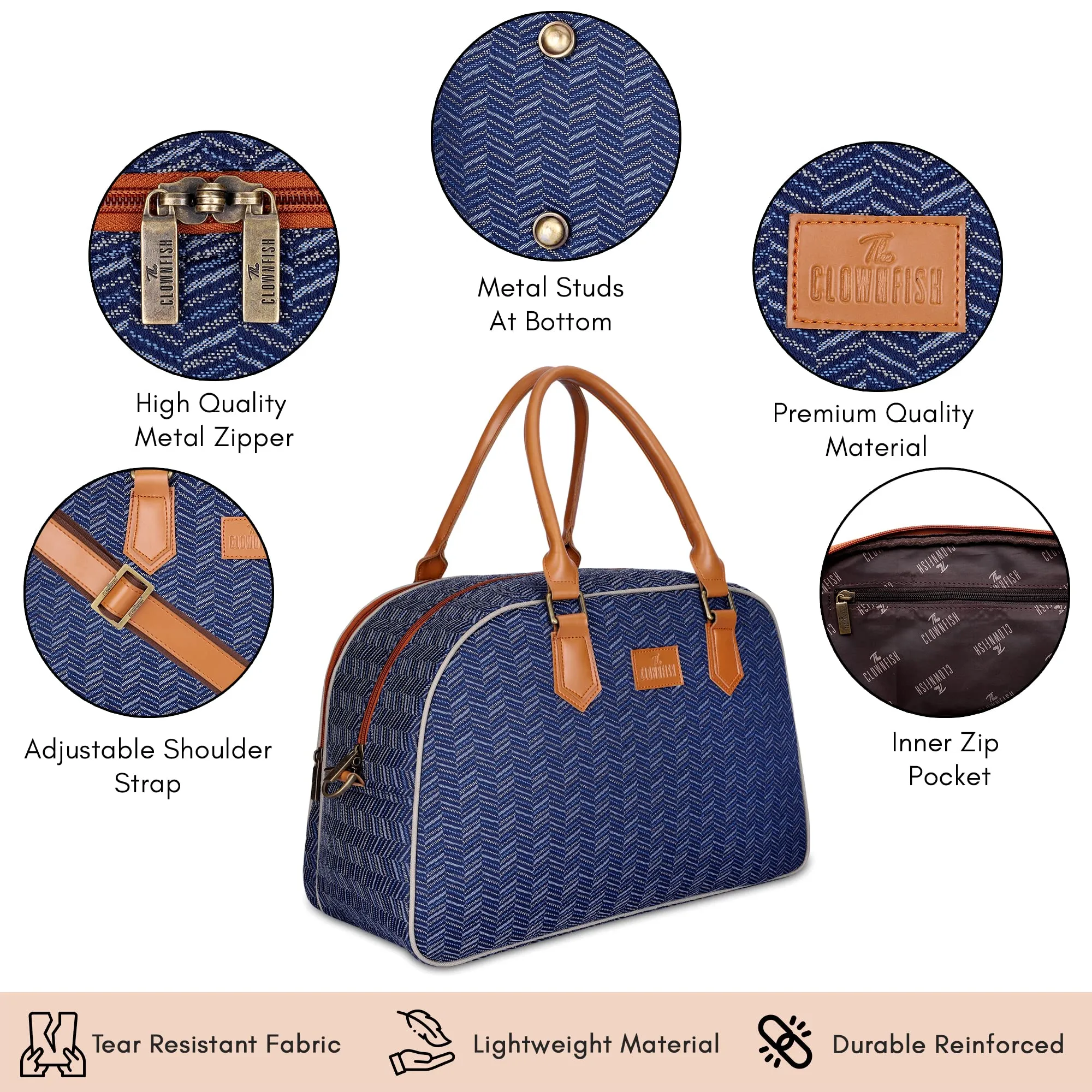 The Clownfish Ziana Series 24 litres Tapestry & Faux Leather Unisex Travel Duffle Bag Luggage Weekender Bag (Blue-Stripes)