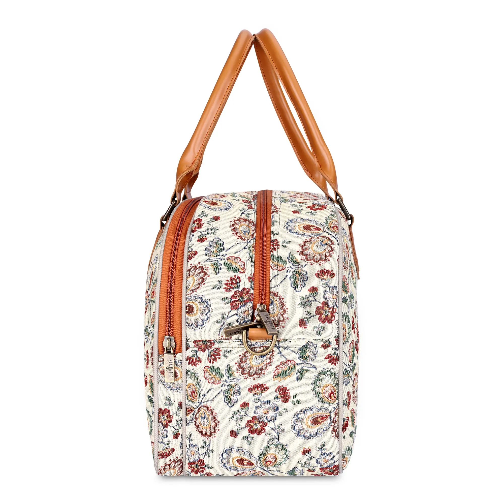 The Clownfish Ziana Series 24 litres Tapestry & Faux Leather Unisex Travel Duffle Bag Luggage Weekender Bag (Dark Brown-Floral)