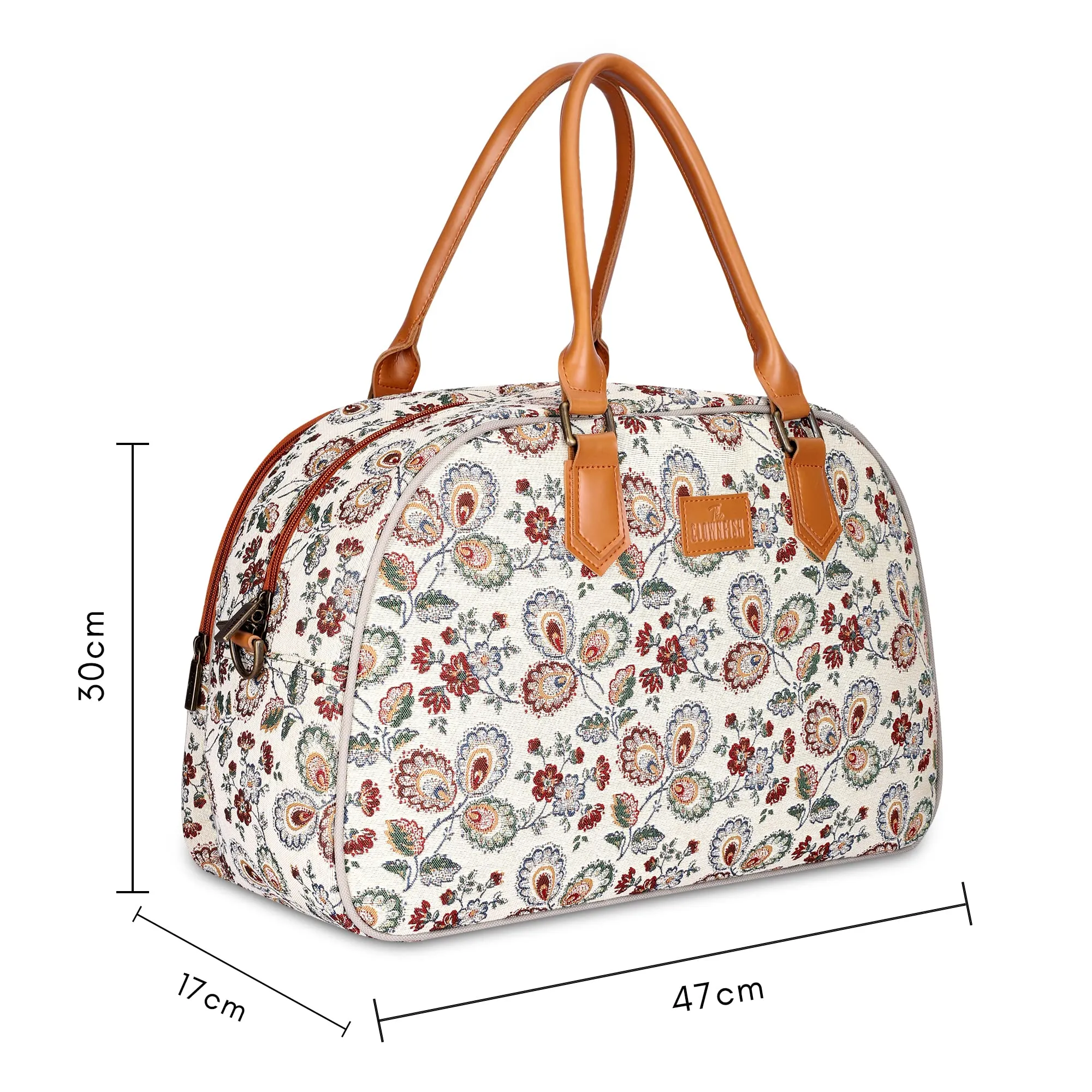 The Clownfish Ziana Series 24 litres Tapestry & Faux Leather Unisex Travel Duffle Bag Luggage Weekender Bag (Dark Brown-Floral)