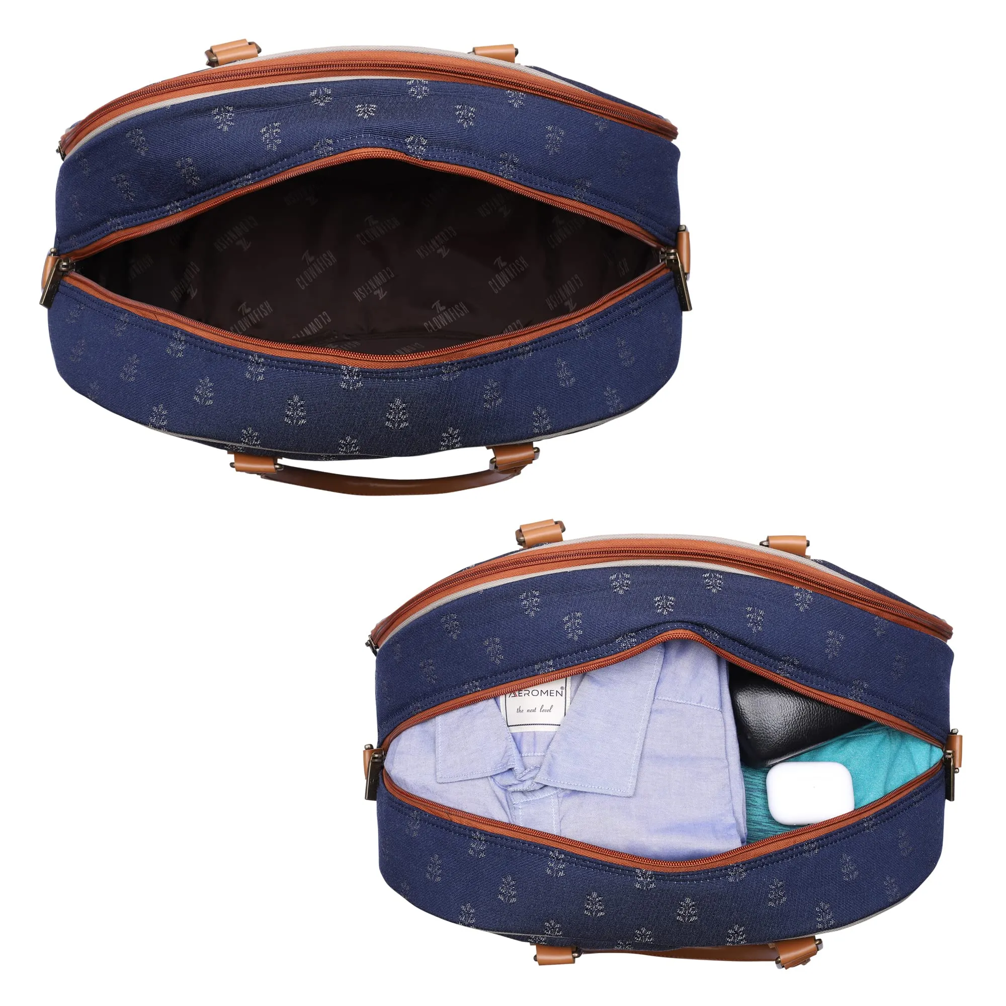 The Clownfish Ziana Series 24 litres Tapestry & Faux Leather Unisex Travel Duffle Bag Luggage Weekender Bag (Denim Blue)