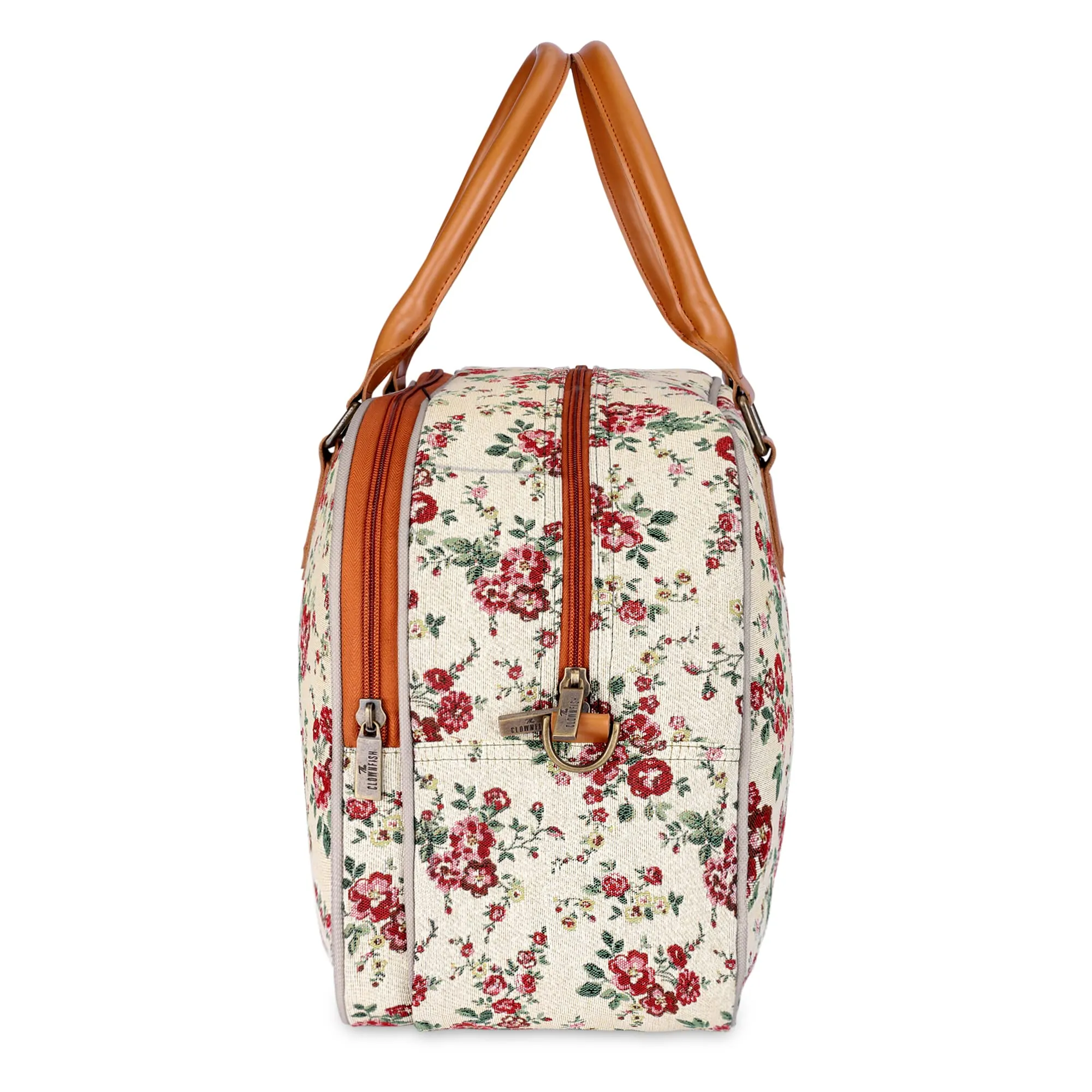 The Clownfish Ziana Series 24 litres Tapestry & Faux Leather Unisex Travel Duffle Bag Luggage Weekender Bag (White-Floral)