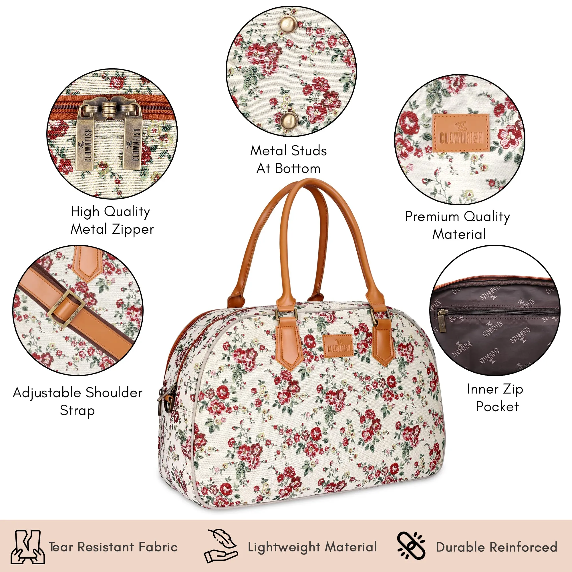 The Clownfish Ziana Series 24 litres Tapestry & Faux Leather Unisex Travel Duffle Bag Luggage Weekender Bag (White-Floral)