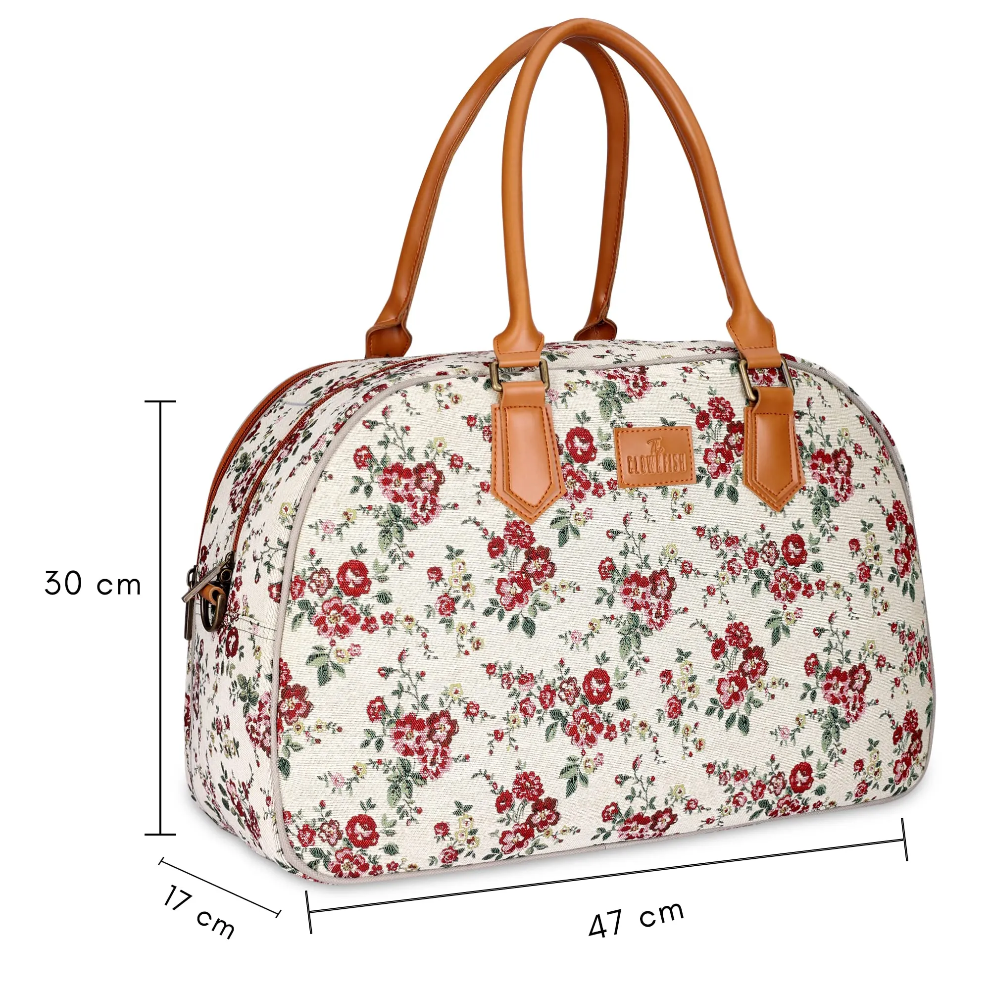 The Clownfish Ziana Series 24 litres Tapestry & Faux Leather Unisex Travel Duffle Bag Luggage Weekender Bag (White-Floral)