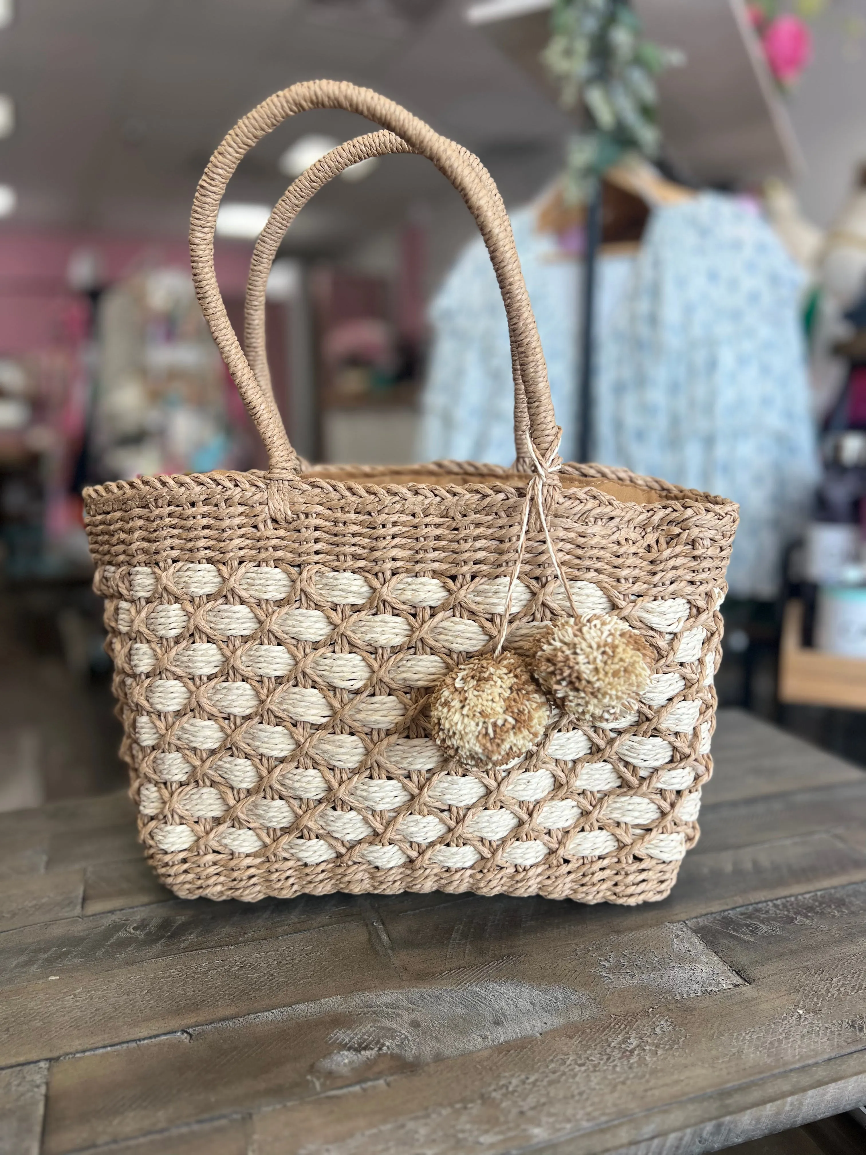 Two Tone Straw Medium Tote