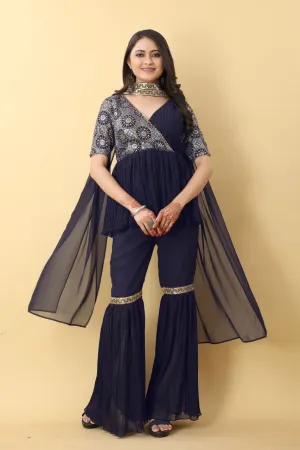 Unique Navy Blue Color Work With Pleated Sharara Set