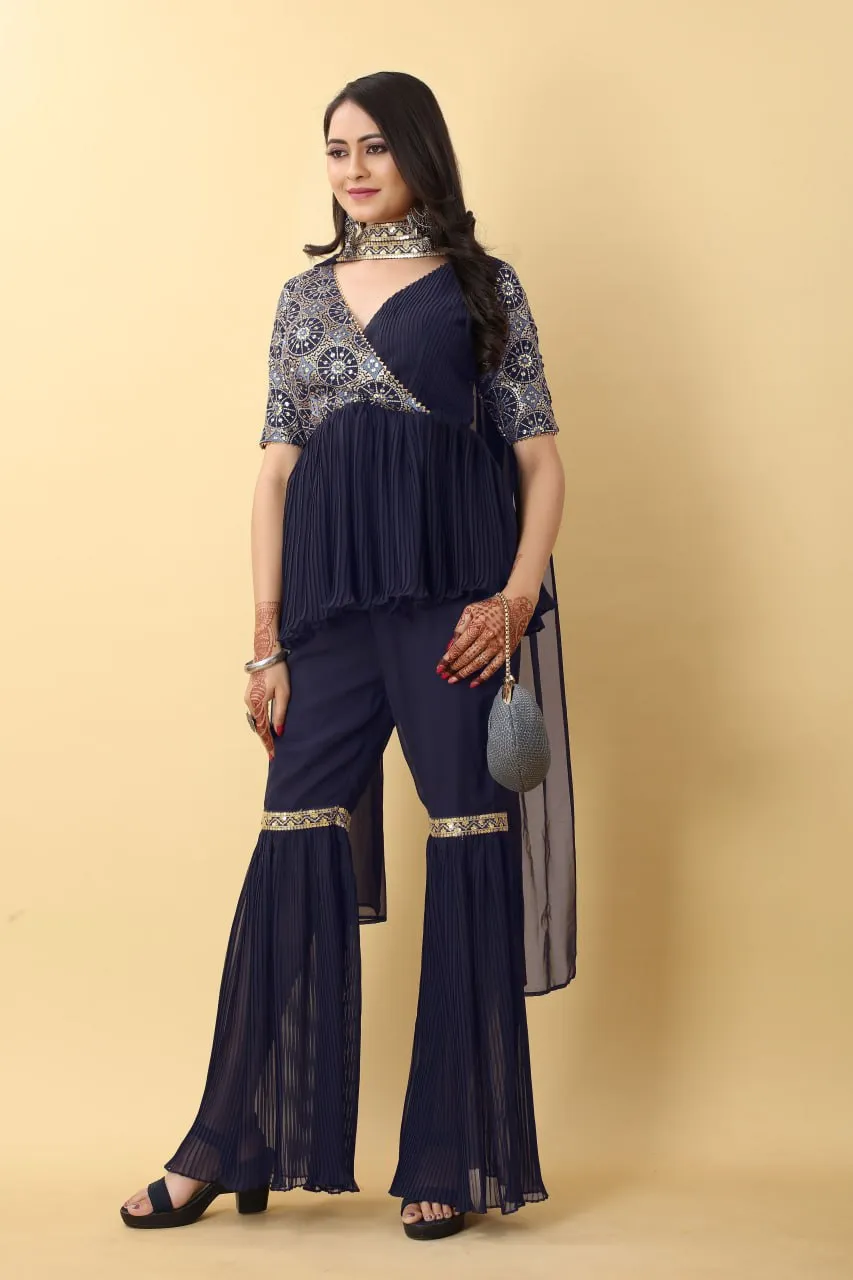 Unique Navy Blue Color Work With Pleated Sharara Set