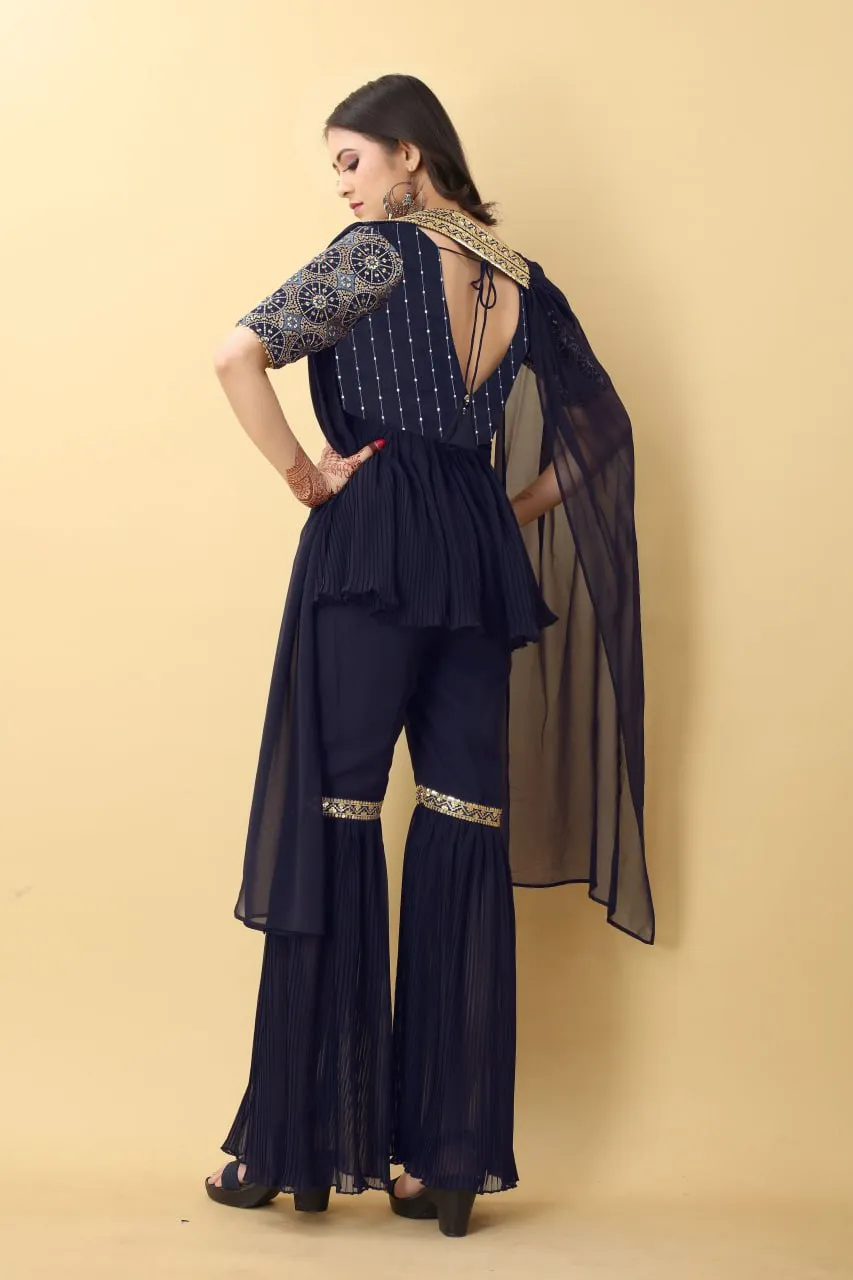 Unique Navy Blue Color Work With Pleated Sharara Set