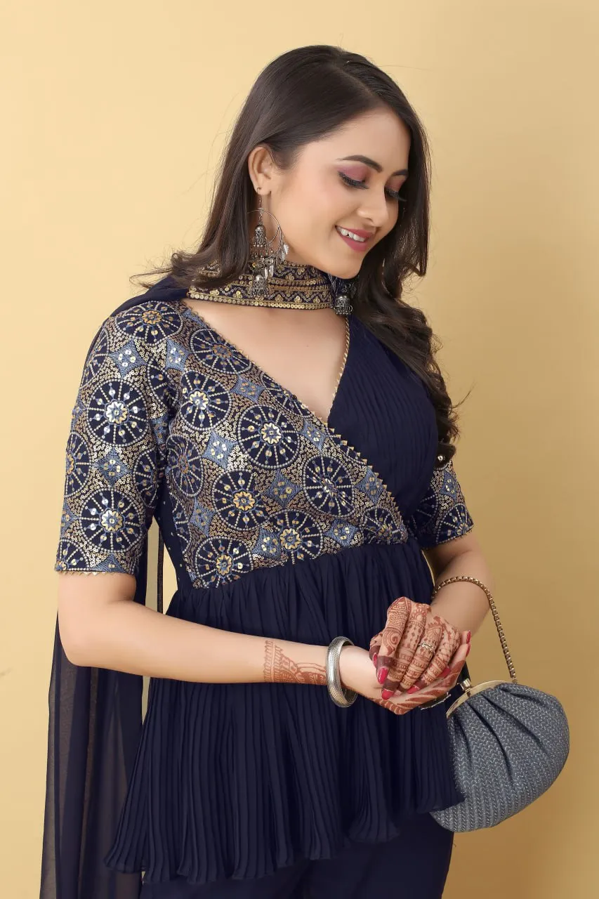 Unique Navy Blue Color Work With Pleated Sharara Set