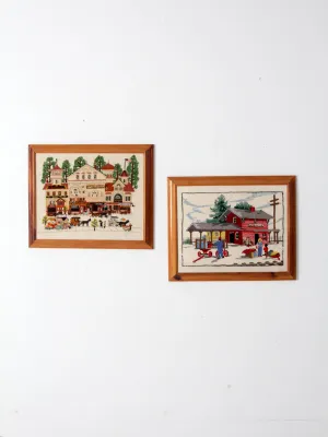 vintage framed crewel needlework art wall hangings pair