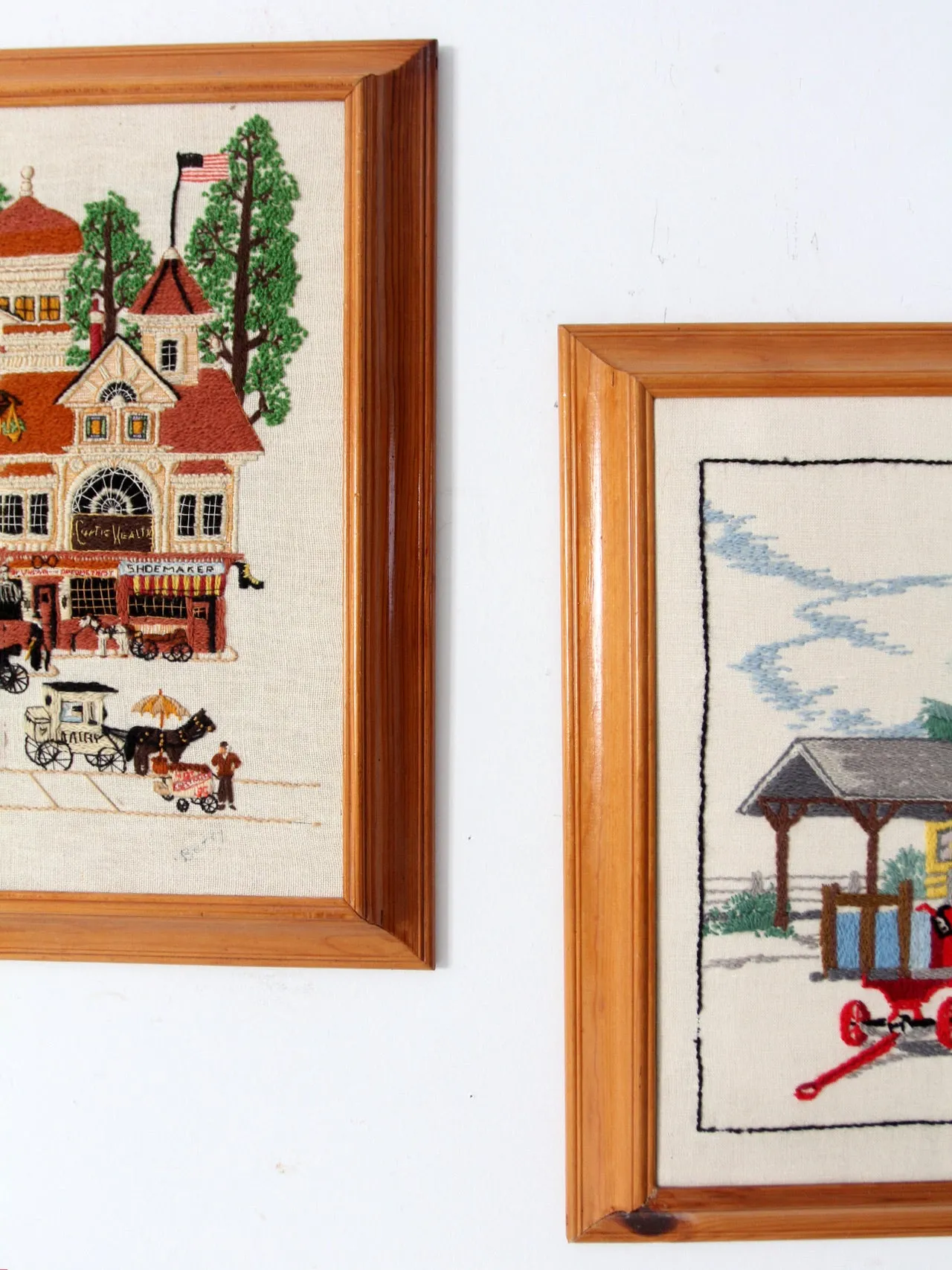 vintage framed crewel needlework art wall hangings pair