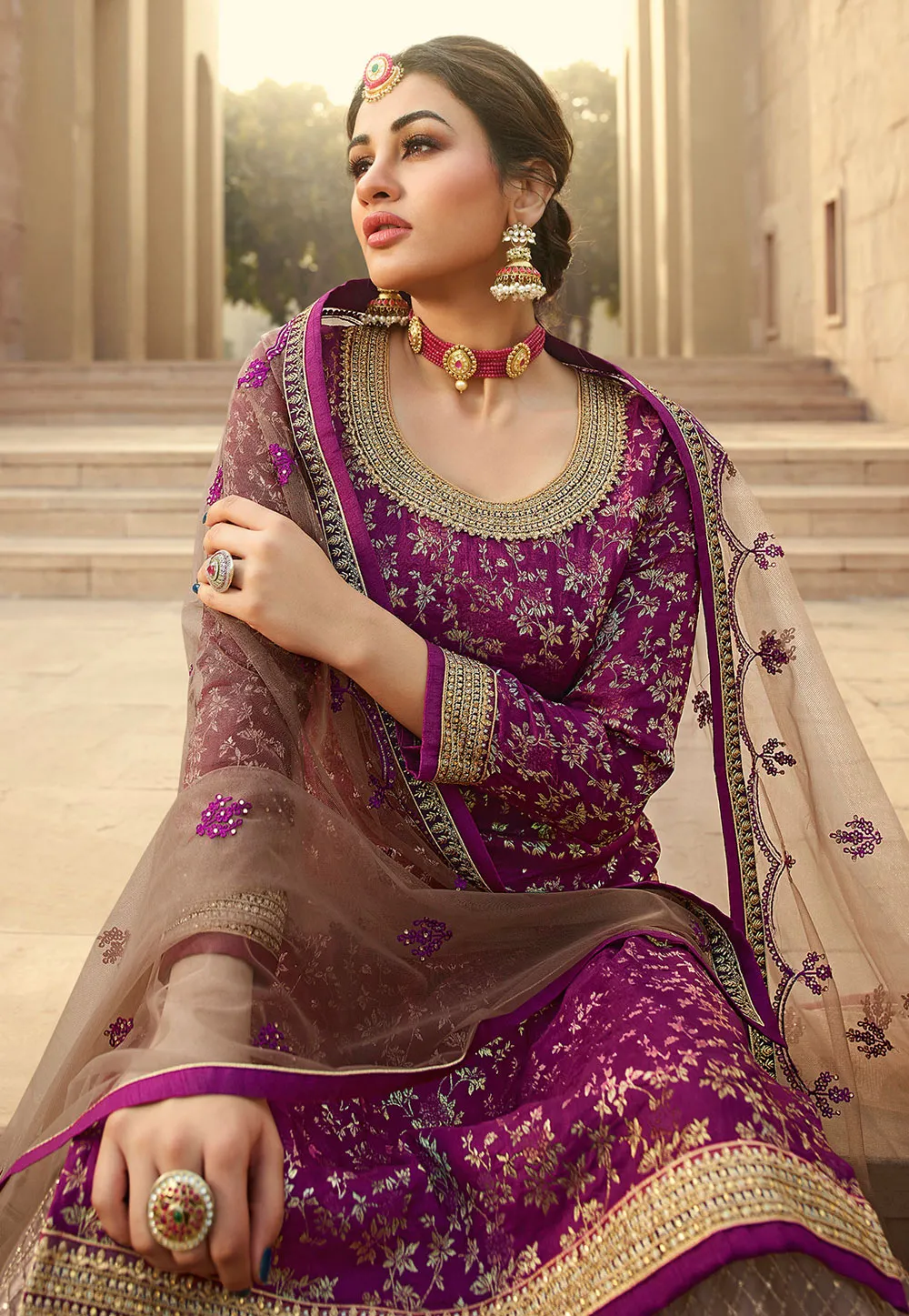 Wine And Beige Embroidered Gharara Style Suit