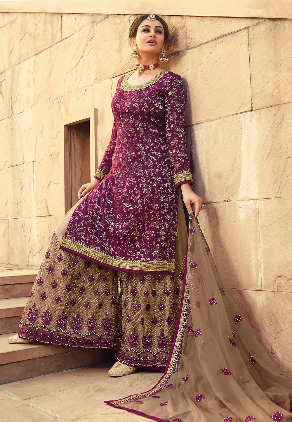 Wine And Beige Embroidered Gharara Style Suit