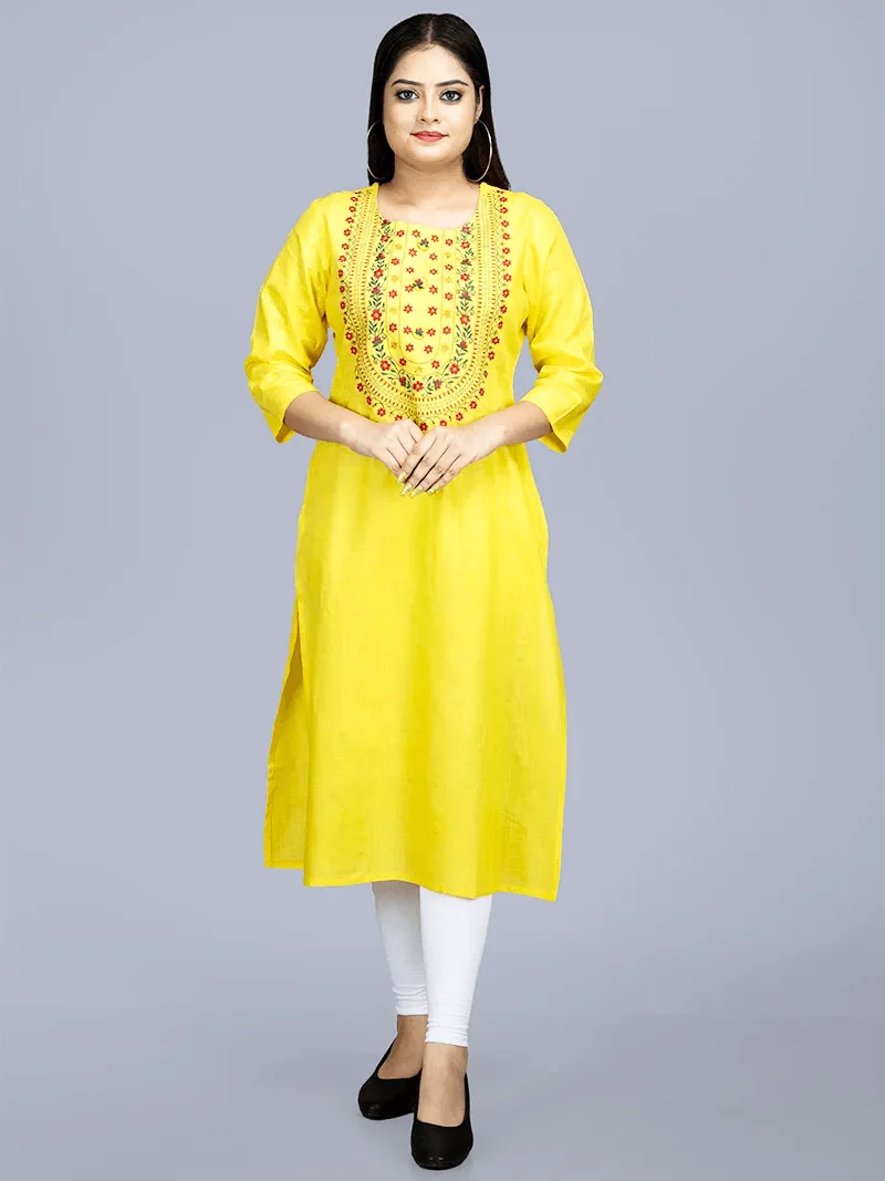 Yellow Embroidered Medium Length Cotton Kurta