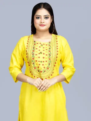 Yellow Embroidered Medium Length Cotton Kurta