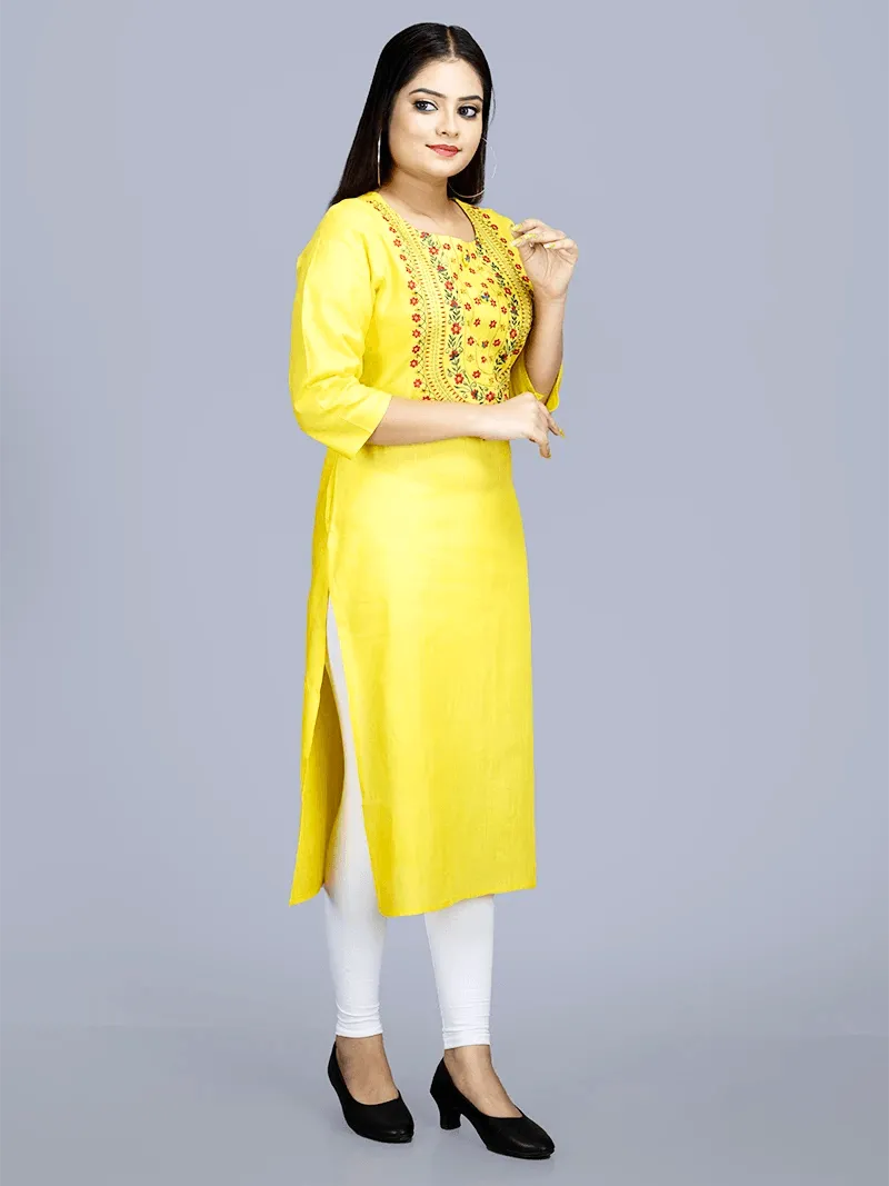 Yellow Embroidered Medium Length Cotton Kurta